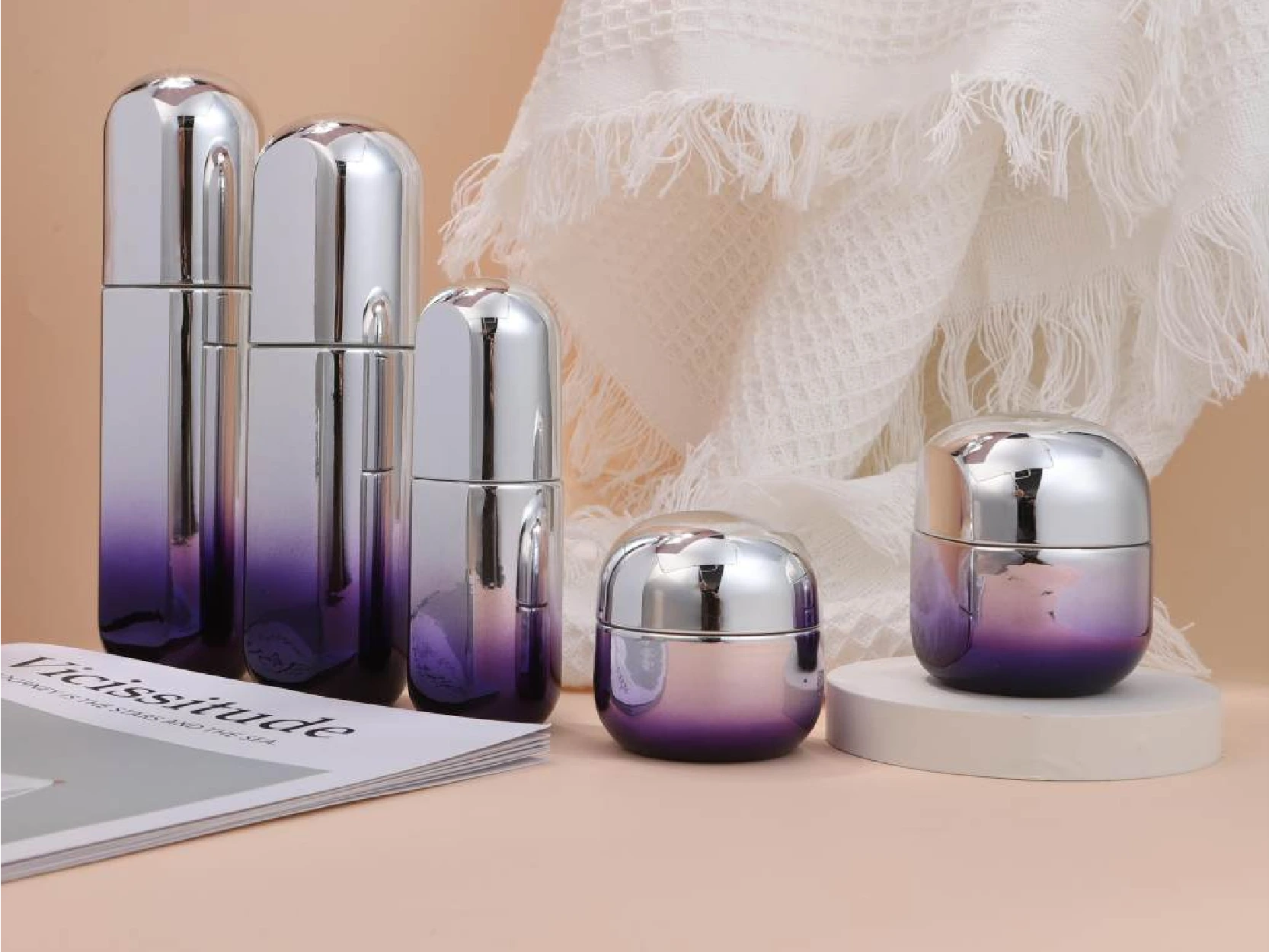 Silver-Purple Gradient Skincare Packaging Set with Mirror Caps | 120/100/40ml Bottles & 50/30g Jars for Elegant Anti-Aging Lines 1