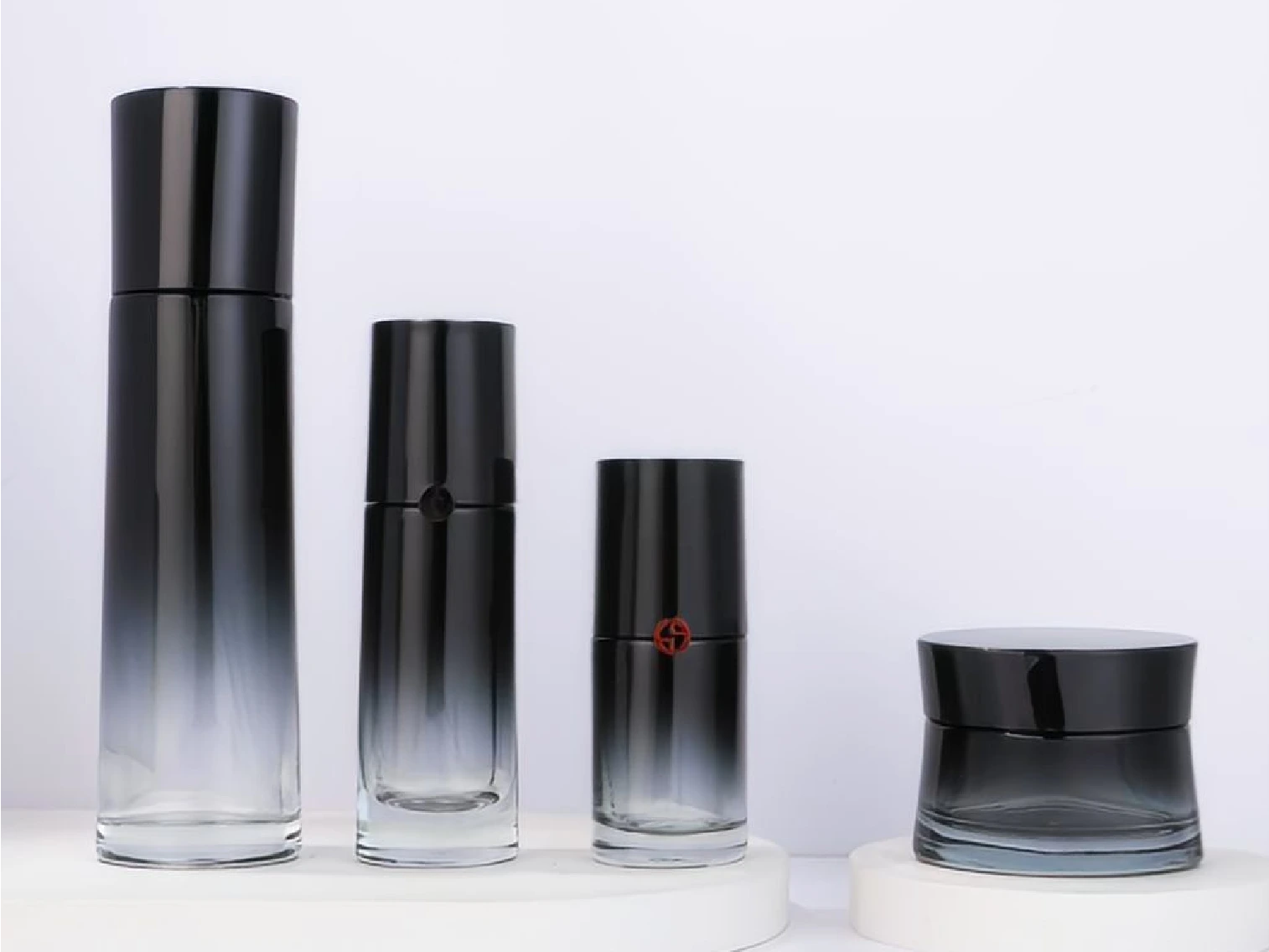Black-Grey Gradient Skincare Packaging Set with Glossy Black Caps | 120/100/35/30ml Bottles & 50g Jars for Sleek Premium Lines 1