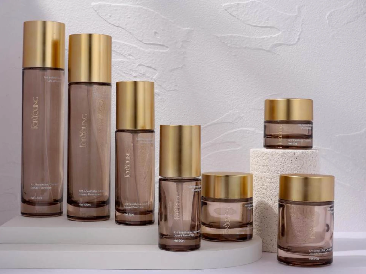 Smoke Brown Transparent Skincare Packaging Set with Matte Gold Caps | 120/100/50/30ml Bottles & 50/30/20g Jars for Premium Anti-Aging Lines 1