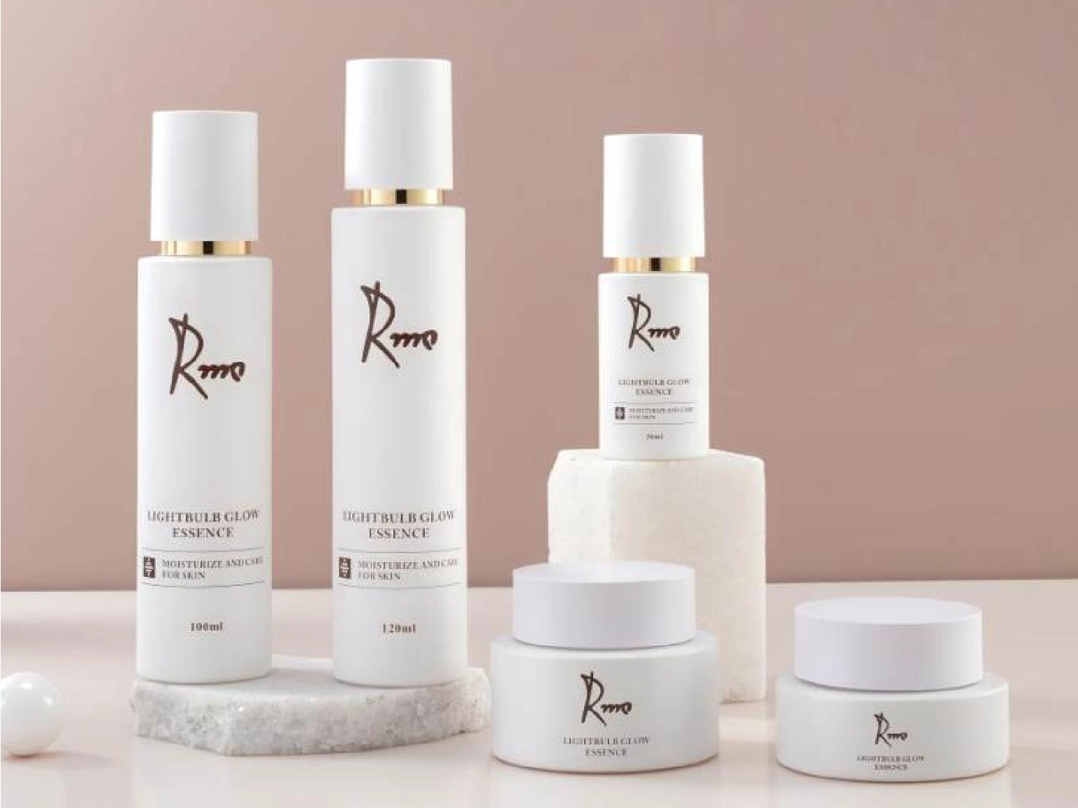 Matte White Skincare Packaging Set with Gold Accent & Logo | 120/100/50/30ml Bottles & 50/30g Jars for Gentle Hydration Lines 1