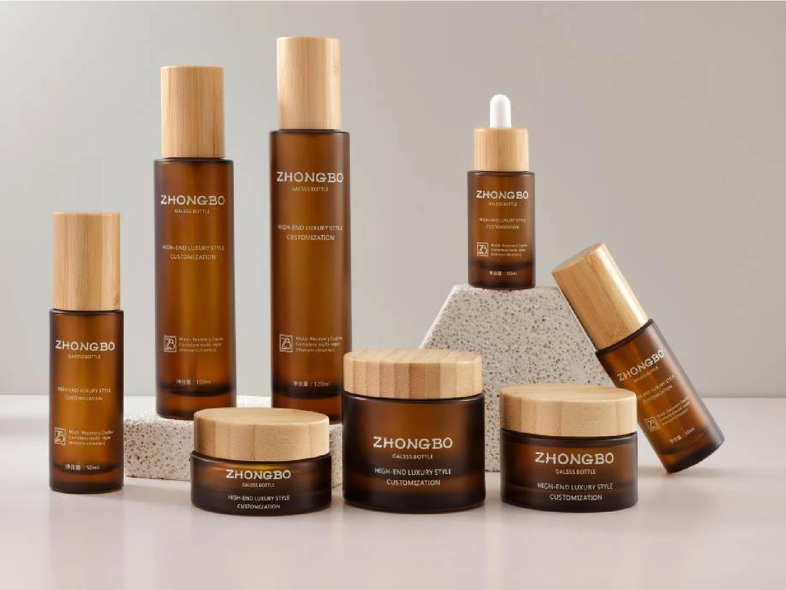 Amber Glass Skincare Packaging Set with Bamboo Caps | 120/100/50/40/30ml Bottles & 150/50/30g Jars for Natural Organic Lines 1