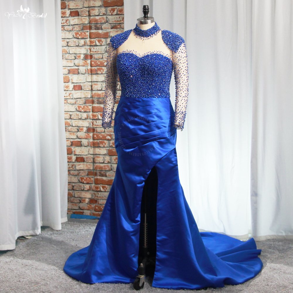 Yiaibridal Gelinlik Gerçek Resimler Uzun Kollu İnci Boncuklu Saten Denizkızı Resmi Elbise RSE963 Yüksek Yaka Mavi Balo Elbiseleri 8