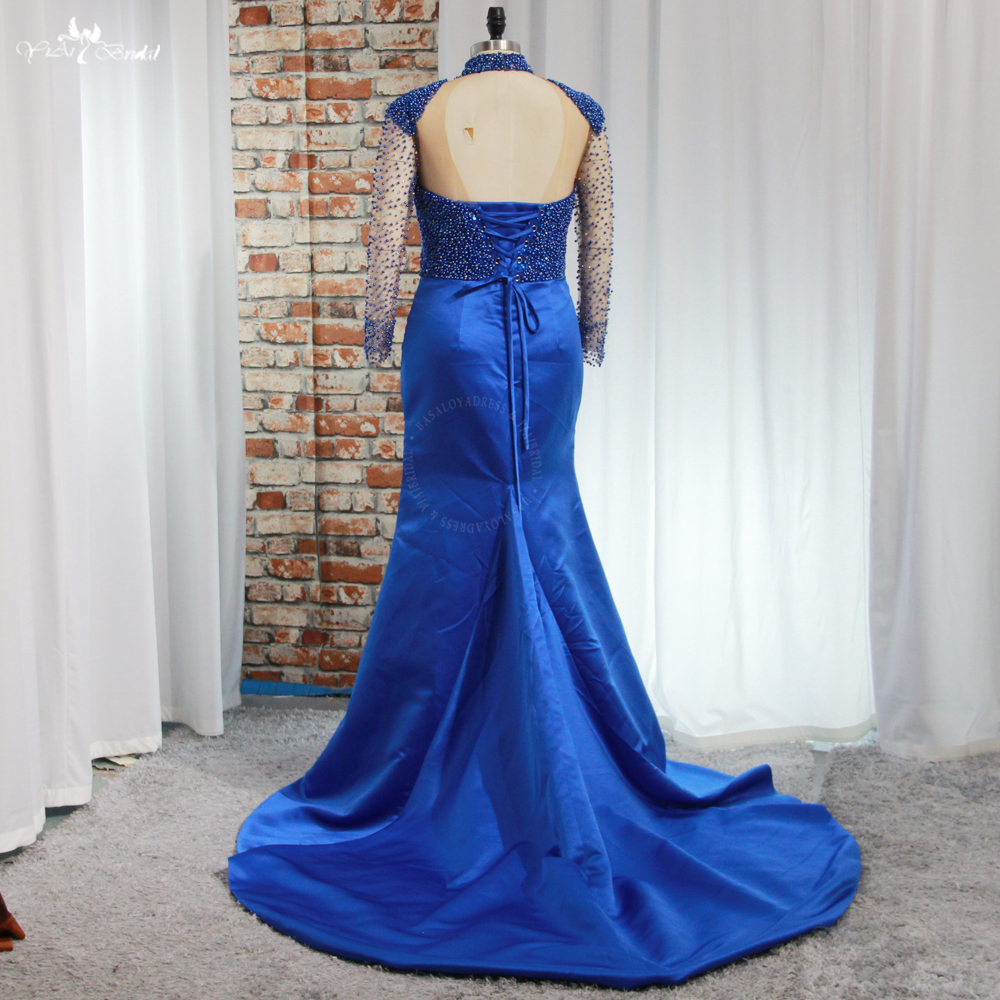 Yiaibridal Gelinlik Gerçek Resimler Uzun Kollu İnci Boncuklu Saten Denizkızı Resmi Elbise RSE963 Yüksek Yaka Mavi Balo Elbiseleri 9