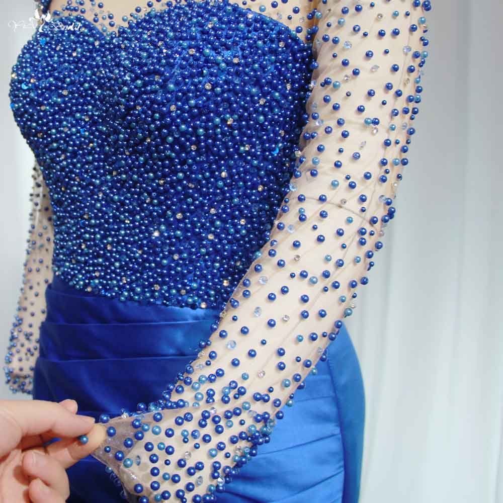 Yiaibridal Gelinlik Gerçek Resimler Uzun Kollu İnci Boncuklu Saten Denizkızı Resmi Elbise RSE963 Yüksek Yaka Mavi Balo Elbiseleri 11