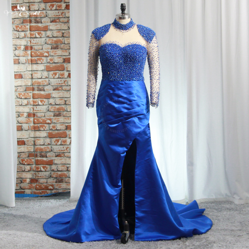 Yiaibridal Gelinlik Gerçek Resimler Uzun Kollu İnci Boncuklu Saten Denizkızı Resmi Elbise RSE963 Yüksek Yaka Mavi Balo Elbiseleri 10