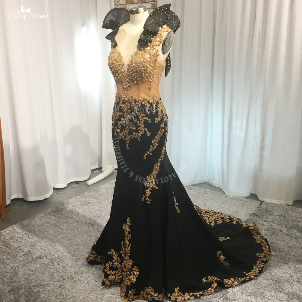 New Arrival Gold Lace Black Prom Dresses Mermaid RSE984 Crystal Long Evening Dress Graduation Party Gown 7