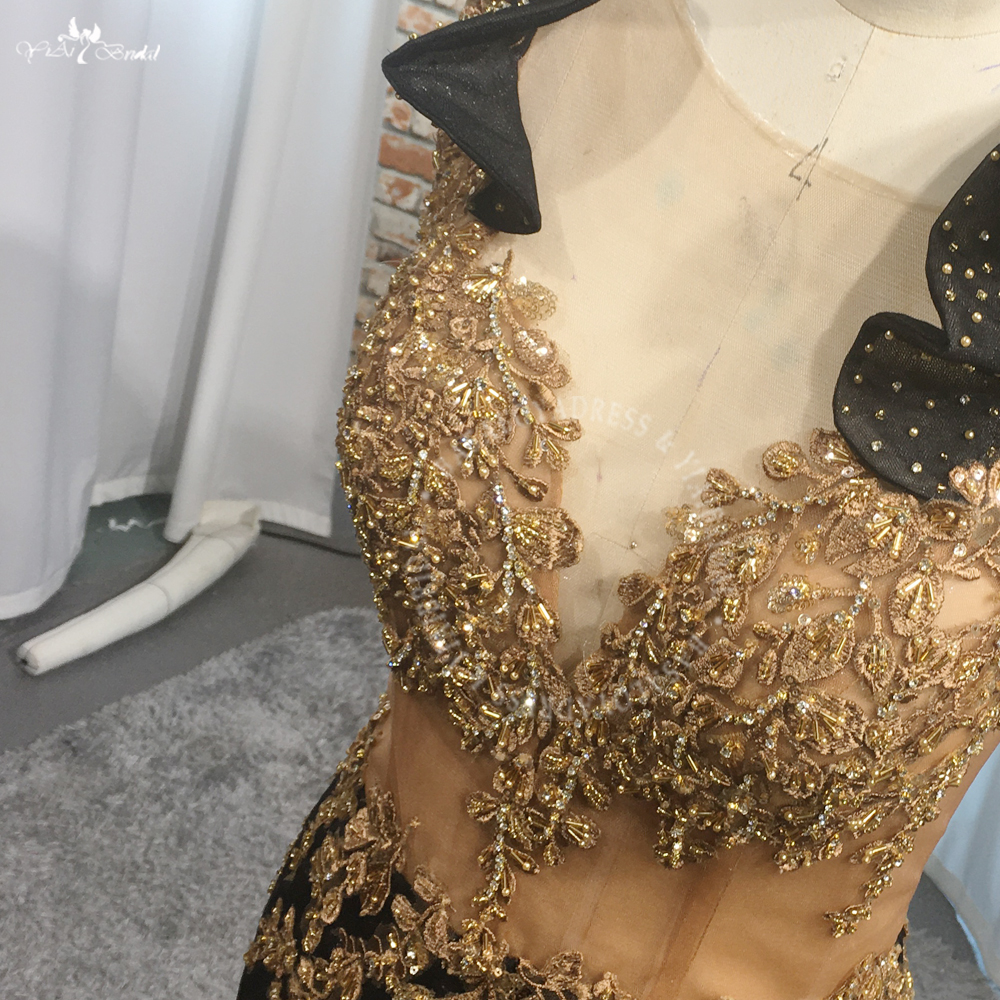 New Arrival Gold Lace Black Prom Dresses Mermaid RSE984 Crystal Long Evening Dress Graduation Party Gown 8