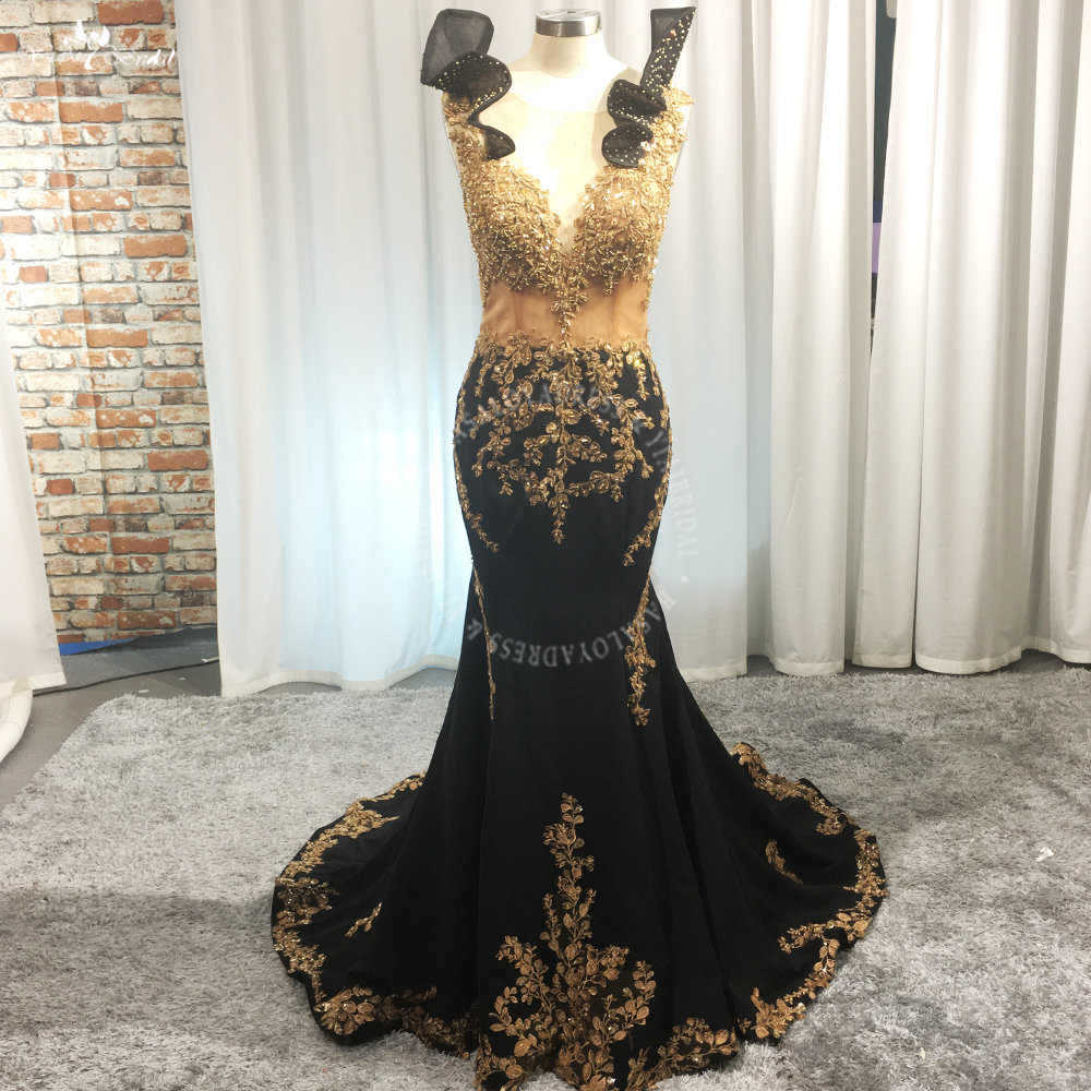 New Arrival Gold Lace Black Prom Dresses Mermaid RSE984 Crystal Long Evening Dress Graduation Party Gown 10