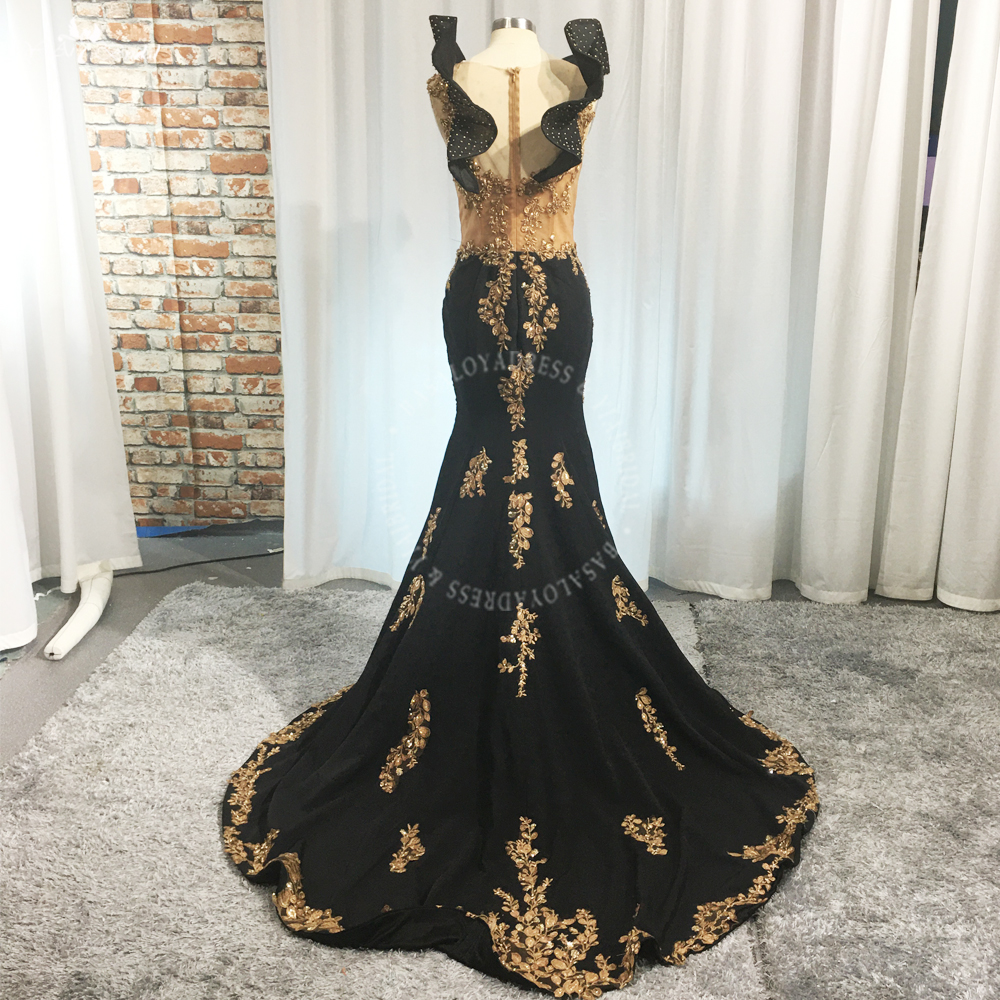 New Arrival Gold Lace Black Prom Dresses Mermaid RSE984 Crystal Long Evening Dress Graduation Party Gown 9