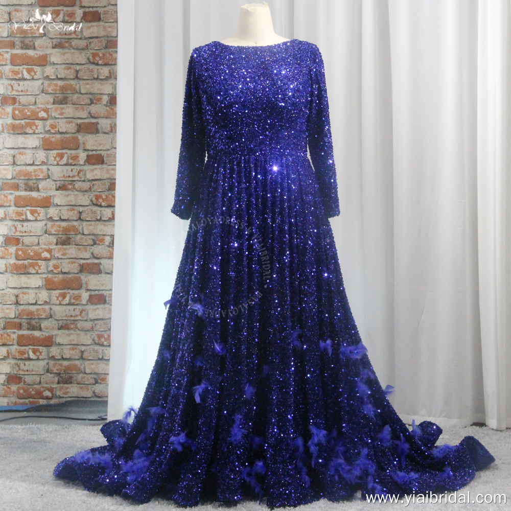Backless Royal Blue Prom Dresses Sequin Evening Gown With Feather Detail RSE971 Plus Size Women's Long Sleeves Evening Dress 9