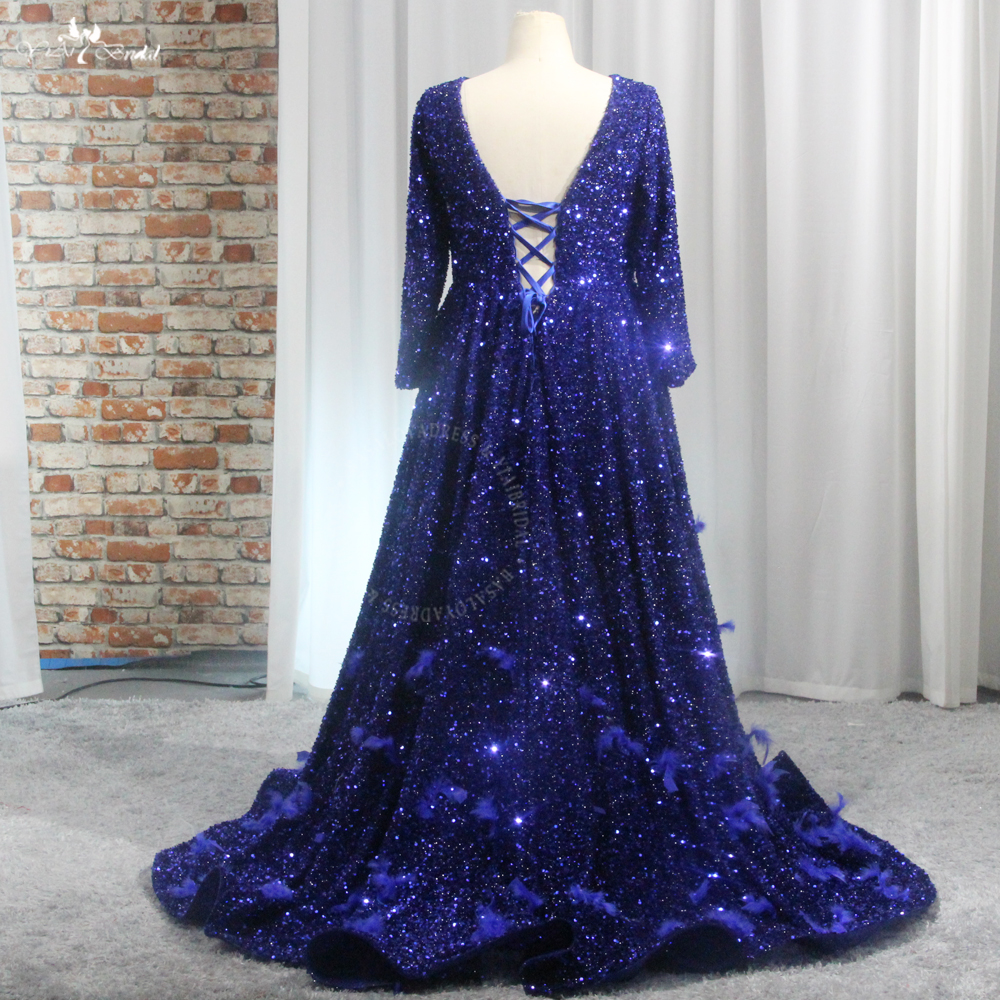 Backless Royal Blue Prom Dresses Sequin Evening Gown With Feather Detail RSE971 Plus Size Women's Long Sleeves Evening Dress 10