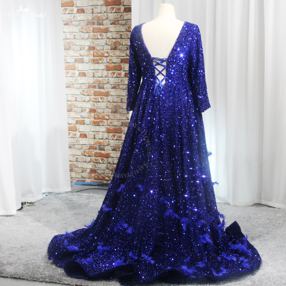 Backless Royal Blue Prom Dresses Sequin Evening Gown With Feather Detail RSE971 Plus Size Women's Long Sleeves Evening Dress 12