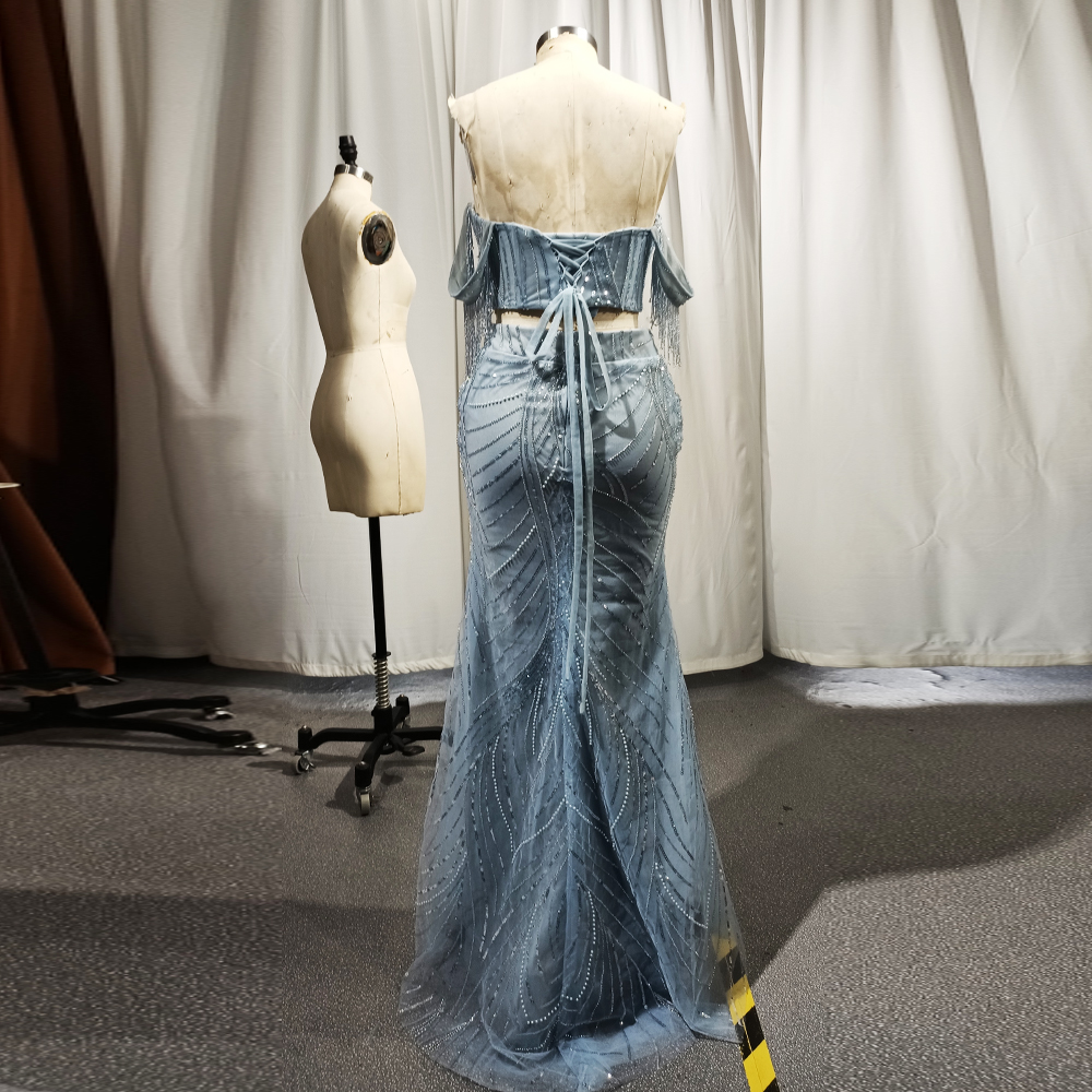 Sexy spalle scoperte spacco laterale 2 pezzi abito da ballo di fine anno RSE987 abito perfetto per eventi abiti da ballo blu 8