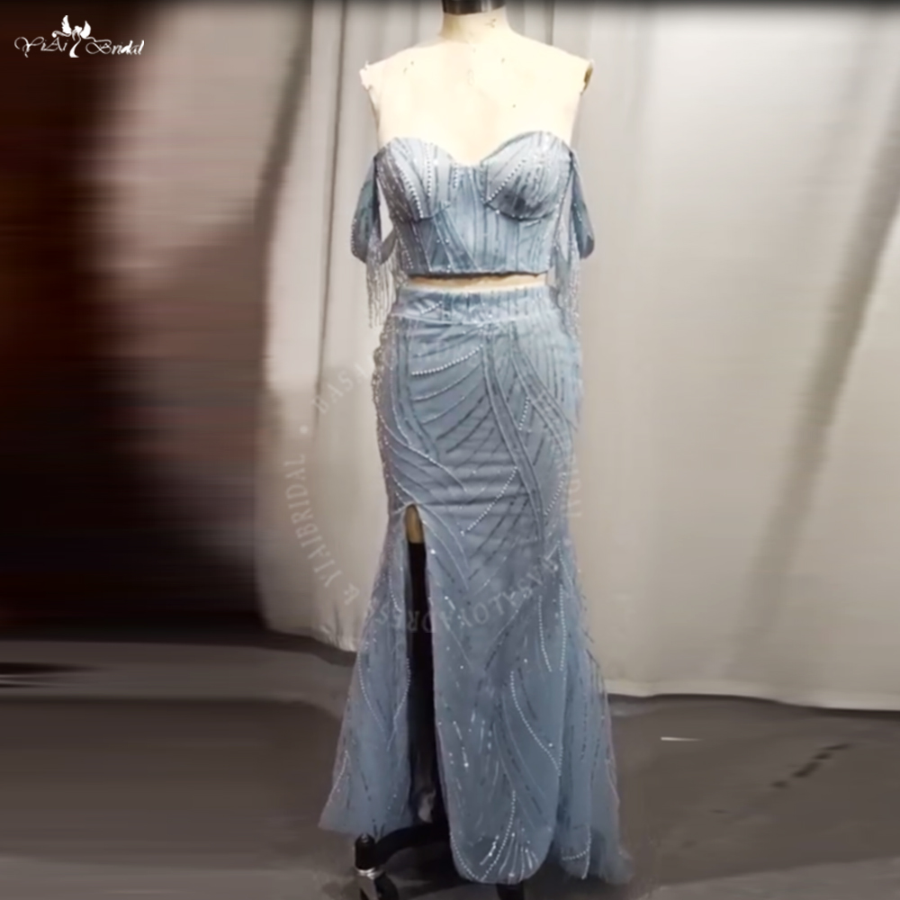 Sexy spalle scoperte spacco laterale 2 pezzi abito da ballo di fine anno RSE987 abito perfetto per eventi abiti da ballo blu 7