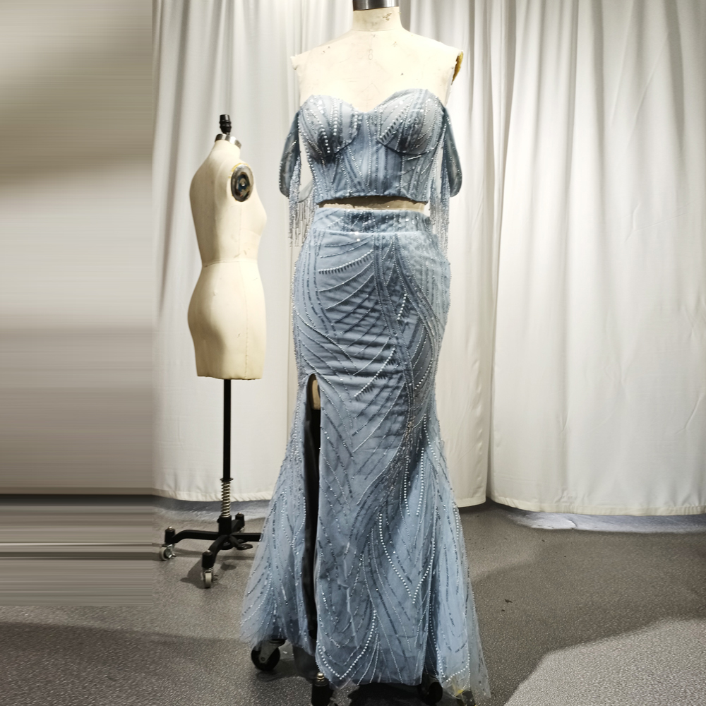 Sexy spalle scoperte spacco laterale 2 pezzi abito da ballo di fine anno RSE987 abito perfetto per eventi abiti da ballo blu 10