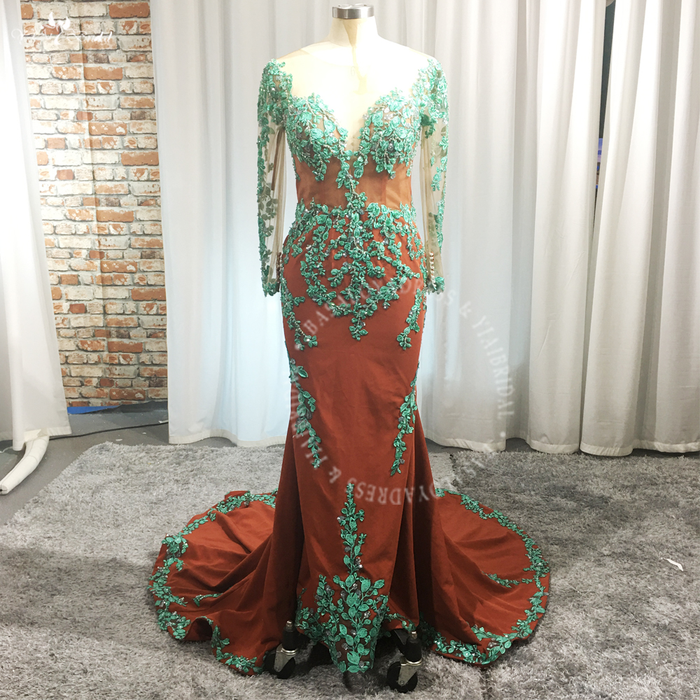 Wedding Party Dresses RSE985 Long Sleeve Burnt Orange Green Lace Appliques Prom Dress Sheer Body 7