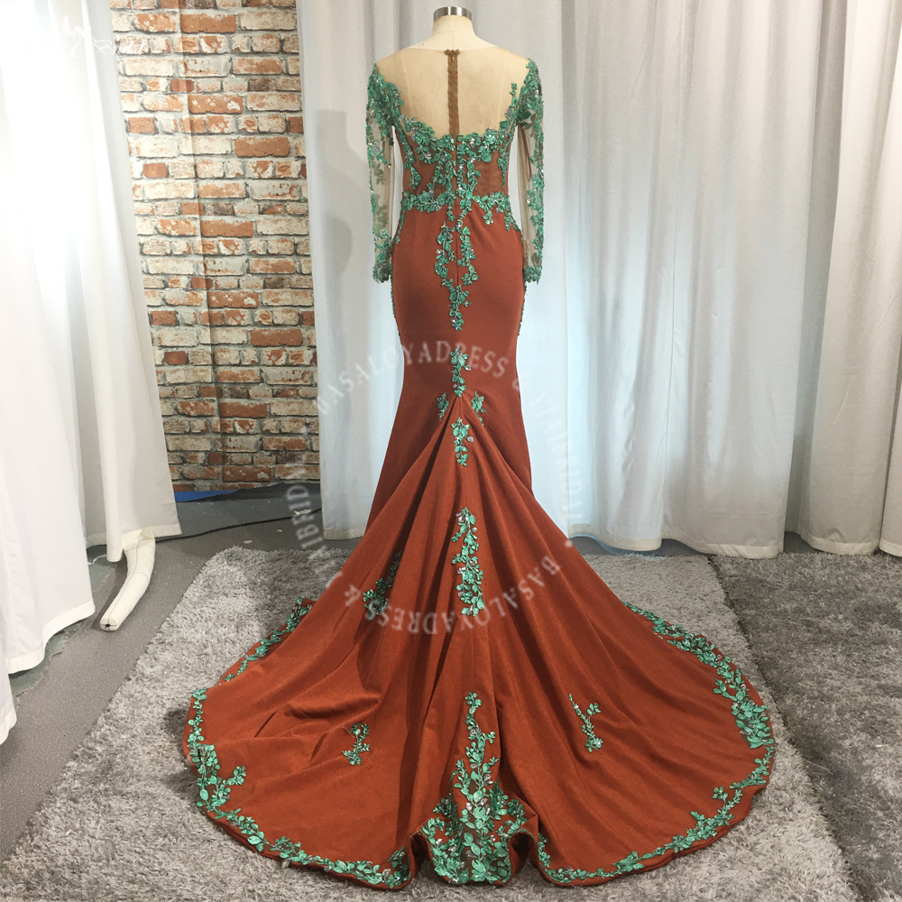 Wedding Party Dresses RSE985 Long Sleeve Burnt Orange Green Lace Appliques Prom Dress Sheer Body 8