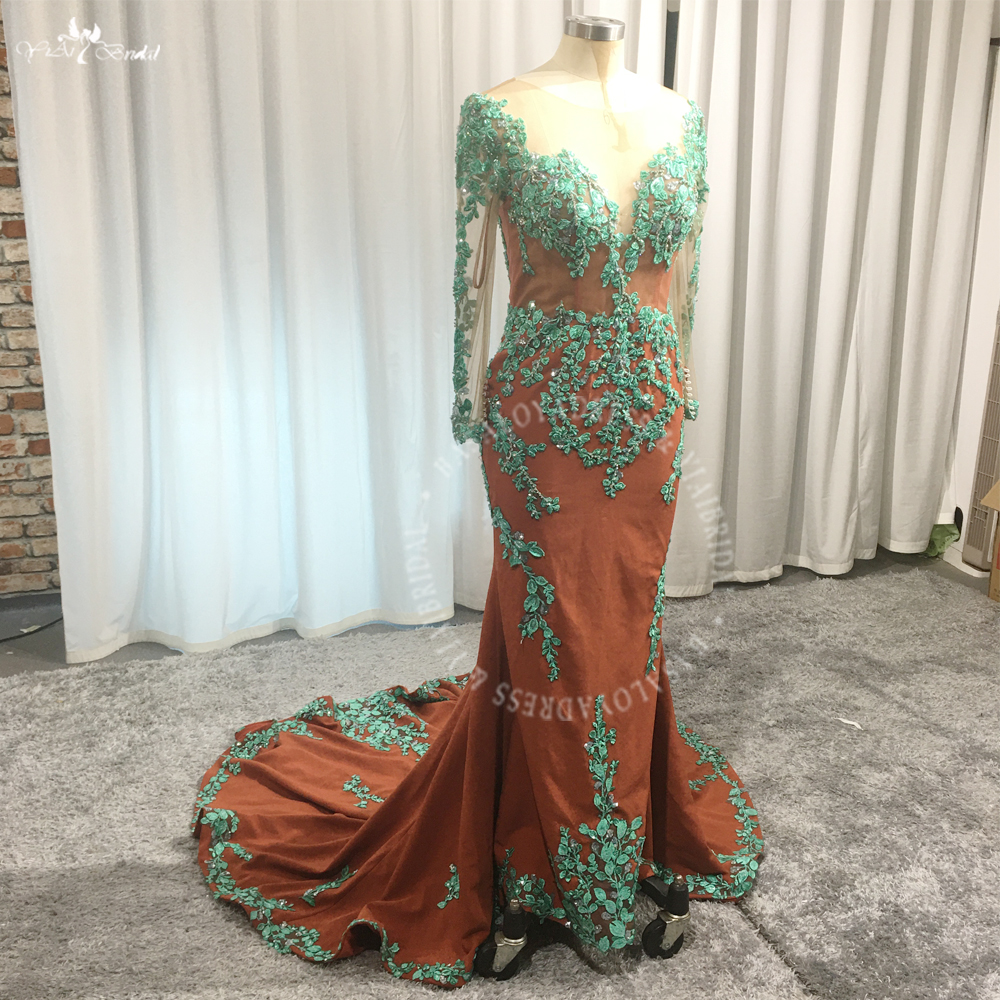 Wedding Party Dresses RSE985 Long Sleeve Burnt Orange Green Lace Appliques Prom Dress Sheer Body 10