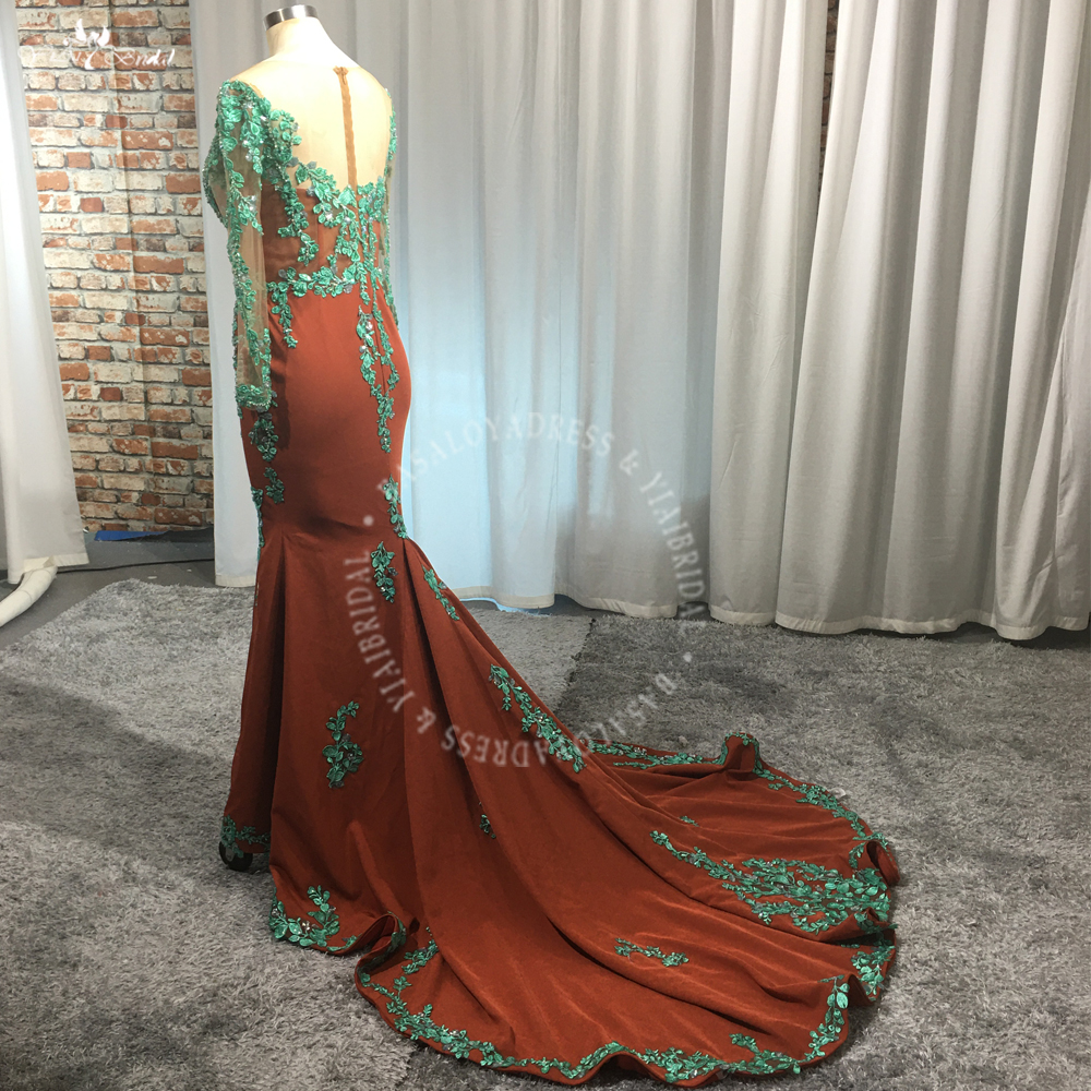 Wedding Party Dresses RSE985 Long Sleeve Burnt Orange Green Lace Appliques Prom Dress Sheer Body 9