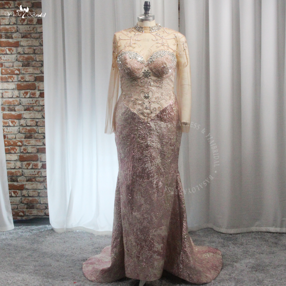 Pink Prom Dresses RSE976 Long Sleeves Appliques Embroidery Plus Size Custom Made Printed Satin Evening Gowns 8