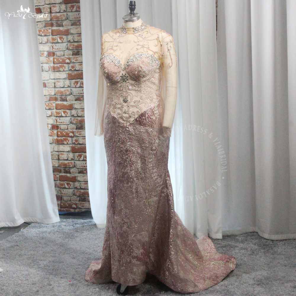 Pink Prom Dresses RSE976 Long Sleeves Appliques Embroidery Plus Size Custom Made Printed Satin Evening Gowns 10