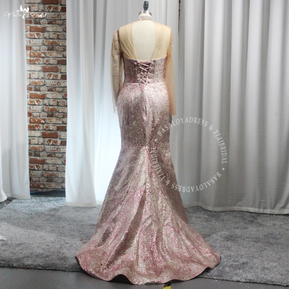 Pink Prom Dresses RSE976 Long Sleeves Appliques Embroidery Plus Size Custom Made Printed Satin Evening Gowns 11