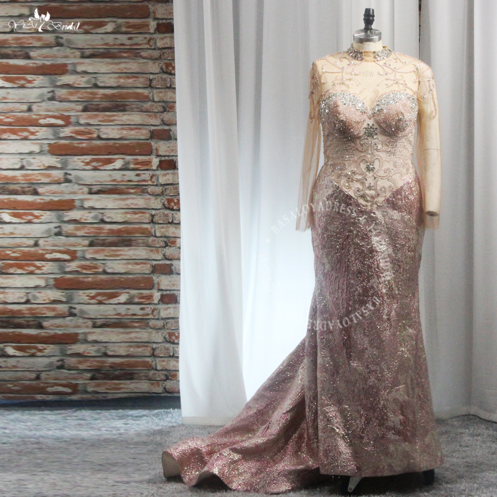 Pink Prom Dresses RSE976 Long Sleeves Appliques Embroidery Plus Size Custom Made Printed Satin Evening Gowns 9