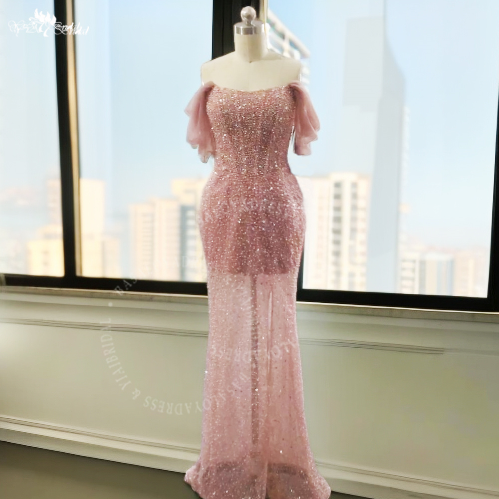 Sparkly Mermaid Off-The-Shoulder Pink Prom Dress RSE991 With Long Slit Sheath Birthday Dresses Women 7