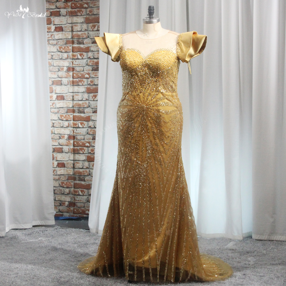 Arabic Gold Mermaid Prom Dresses RSE970 Sequined Lace Beaded Reception Dress 2 Pieces Detachable Train 10