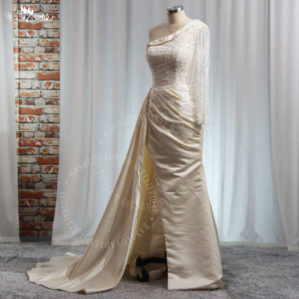 Yiaibridal Saudi Arabia One-shoulder Wedding Party Dress RSE993 High Slit Prom Dress Champagne Satin Evening Dress 7