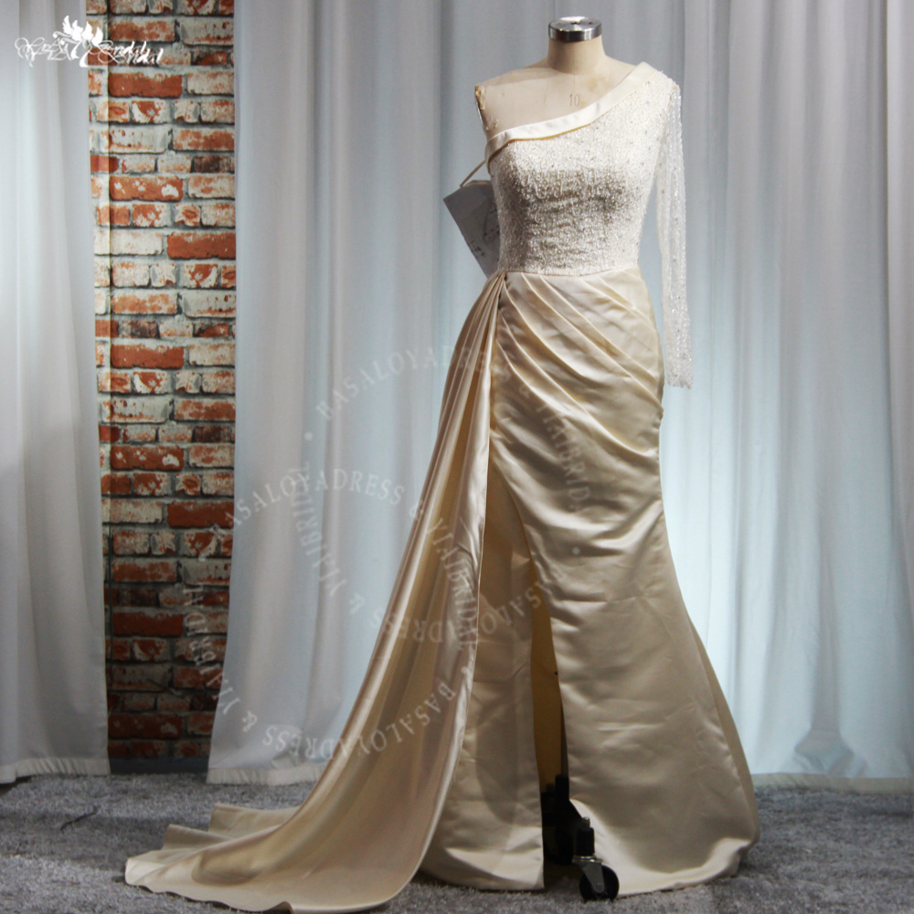 Yiaibridal Saudi Arabia One-shoulder Wedding Party Dress RSE993 High Slit Prom Dress Champagne Satin Evening Dress 9