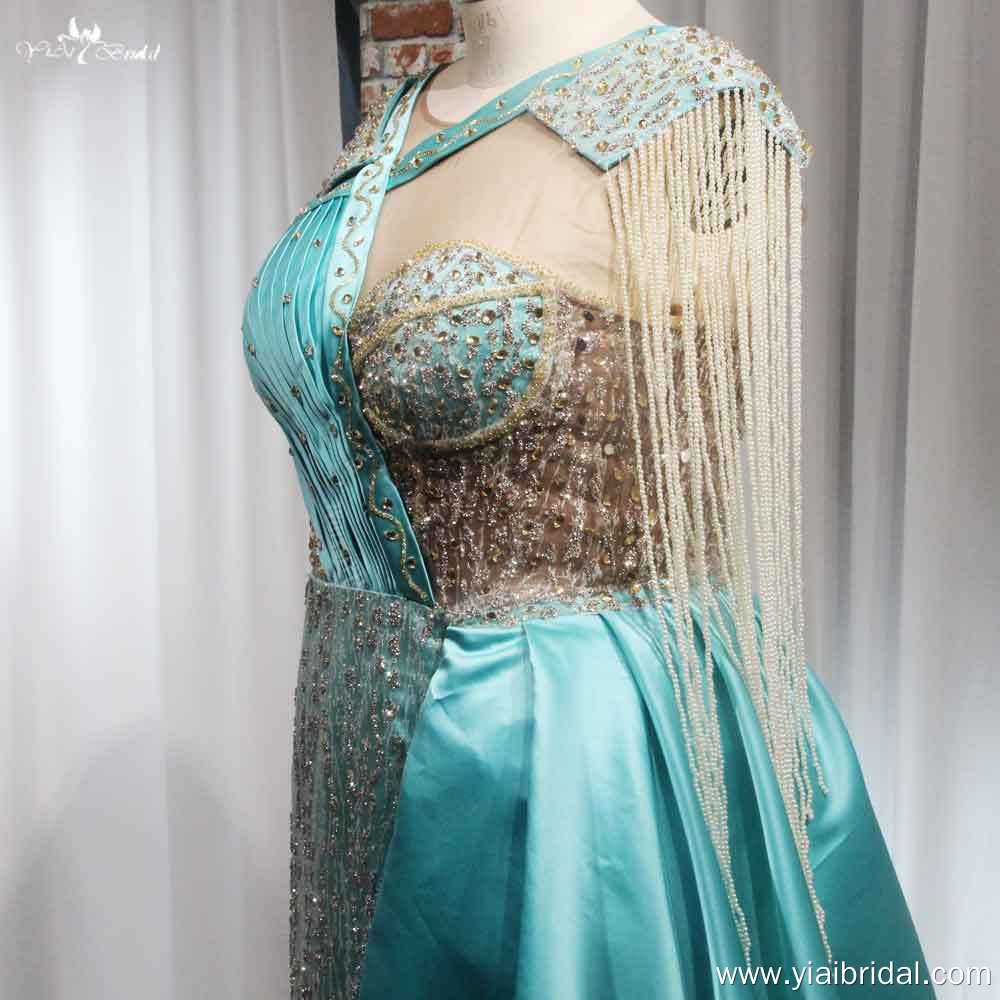 Elegant Teal Color Satin African Wedding Party Reception Dress RSE972 Customize Beading Tassel Evening Wear Outfit Prom Dress 10