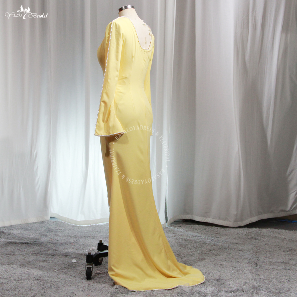 Summer Pale Yellow Arabic Women Crêpe Dress RSE966 Long Sleeves Mermaid Chiffon Gown With Slit 12