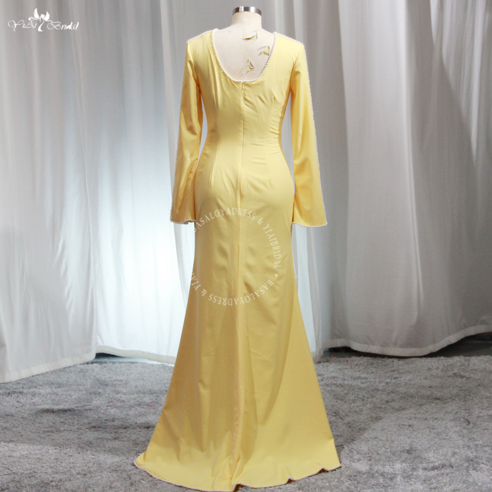 Summer Pale Yellow Arabic Women Crêpe Dress RSE966 Long Sleeves Mermaid Chiffon Gown With Slit 10