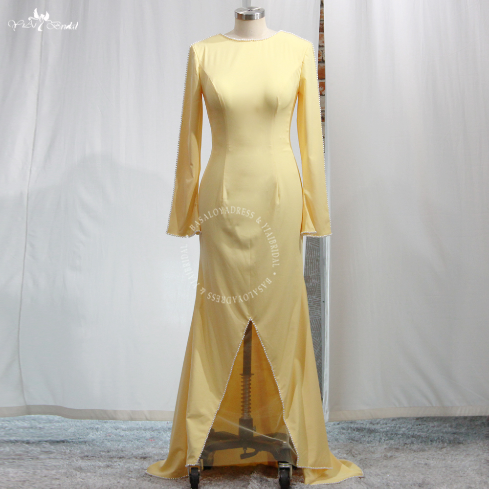 Summer Pale Yellow Arabic Women Crêpe Dress RSE966 Long Sleeves Mermaid Chiffon Gown With Slit 9