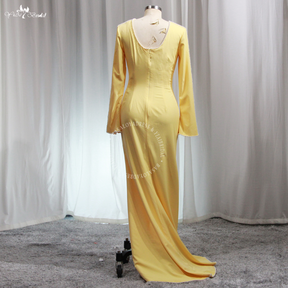 Summer Pale Yellow Arabic Women Crêpe Dress RSE966 Long Sleeves Mermaid Chiffon Gown With Slit 11