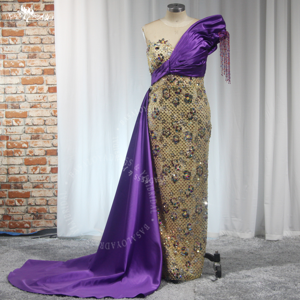 New Banquet Atmosphere Party Dress RSE980 One Shoulder Host Long Plus Size Golden Purple Evening Dress for Women 7