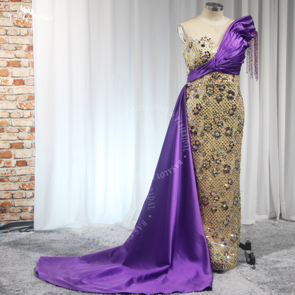 New Banquet Atmosphere Party Dress RSE980 One Shoulder Host Long Plus Size Golden Purple Evening Dress for Women 10