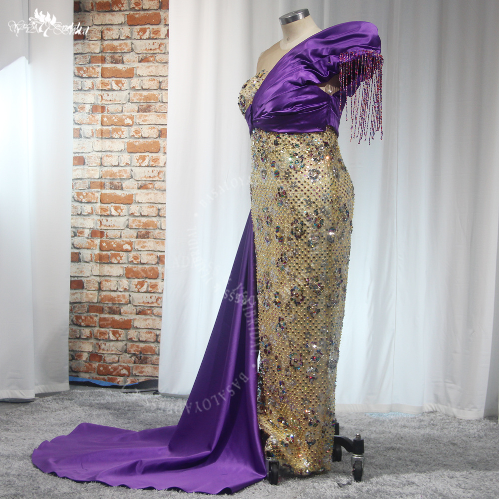 New Banquet Atmosphere Party Dress RSE980 One Shoulder Host Long Plus Size Golden Purple Evening Dress for Women 9