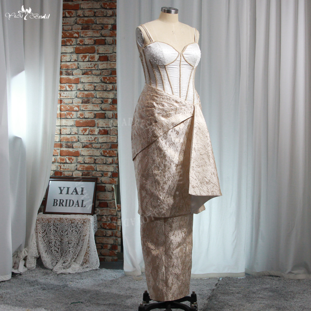 Custom Basque Waist Corset Beaded Bones Print Satin Champagne Recepetion Dress RSE988 Prom Dress 6