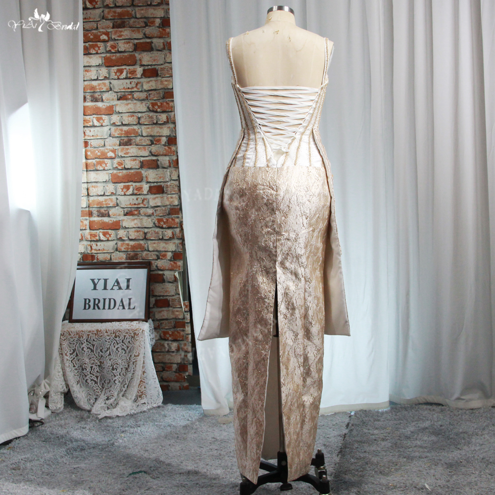 Custom Basque Waist Corset Beaded Bones Print Satin Champagne Recepetion Dress RSE988 Prom Dress 7