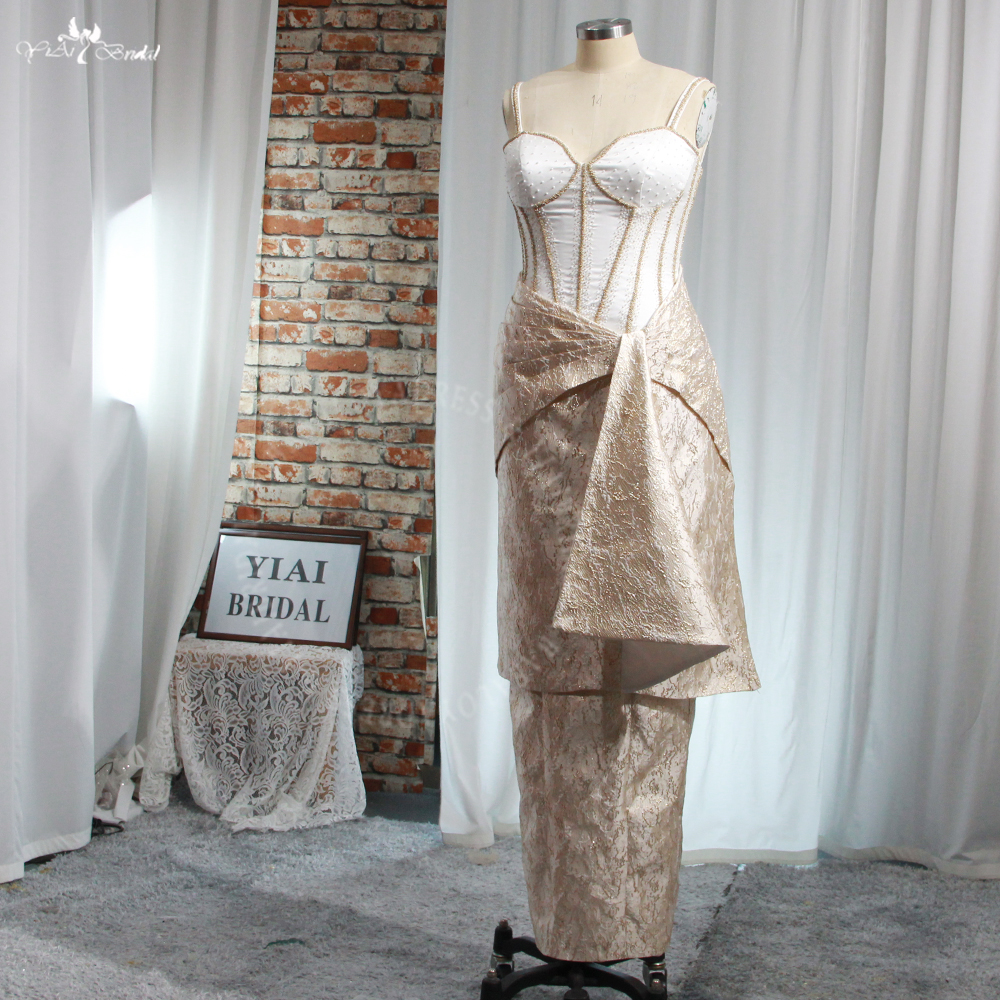 Custom Basque Waist Corset Beaded Bones Print Satin Champagne Recepetion Dress RSE988 Prom Dress 9