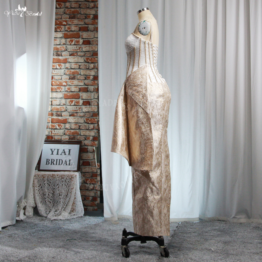 Custom Basque Waist Corset Beaded Bones Print Satin Champagne Recepetion Dress RSE988 Prom Dress 8