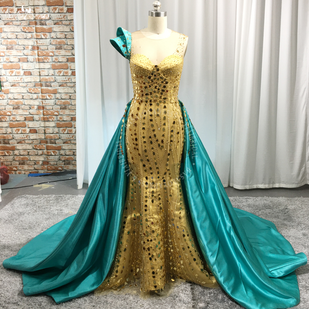 Awesome Pageant Dress One Shoulder Glass Beading Gold Mermaid Evening Prom Dress RSE983 With Green Detachable Train 8