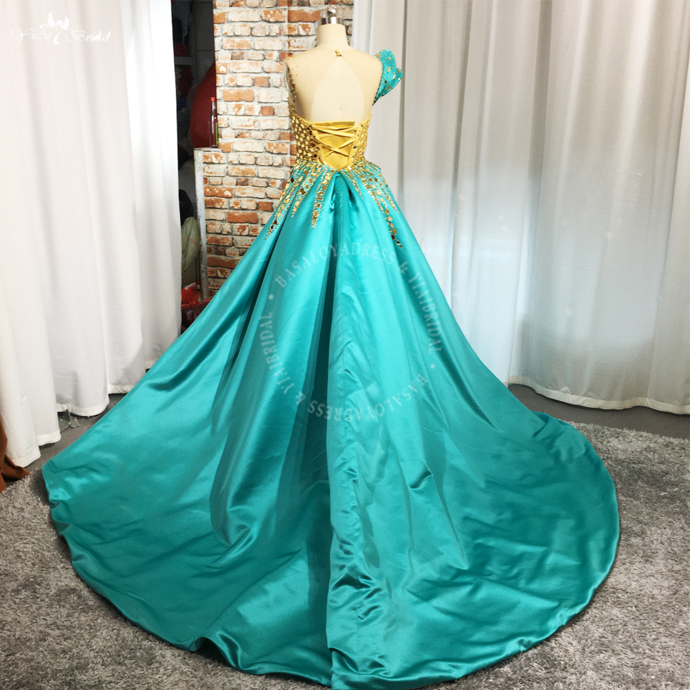 Awesome Pageant Dress One Shoulder Glass Beading Gold Mermaid Evening Prom Dress RSE983 With Green Detachable Train 9