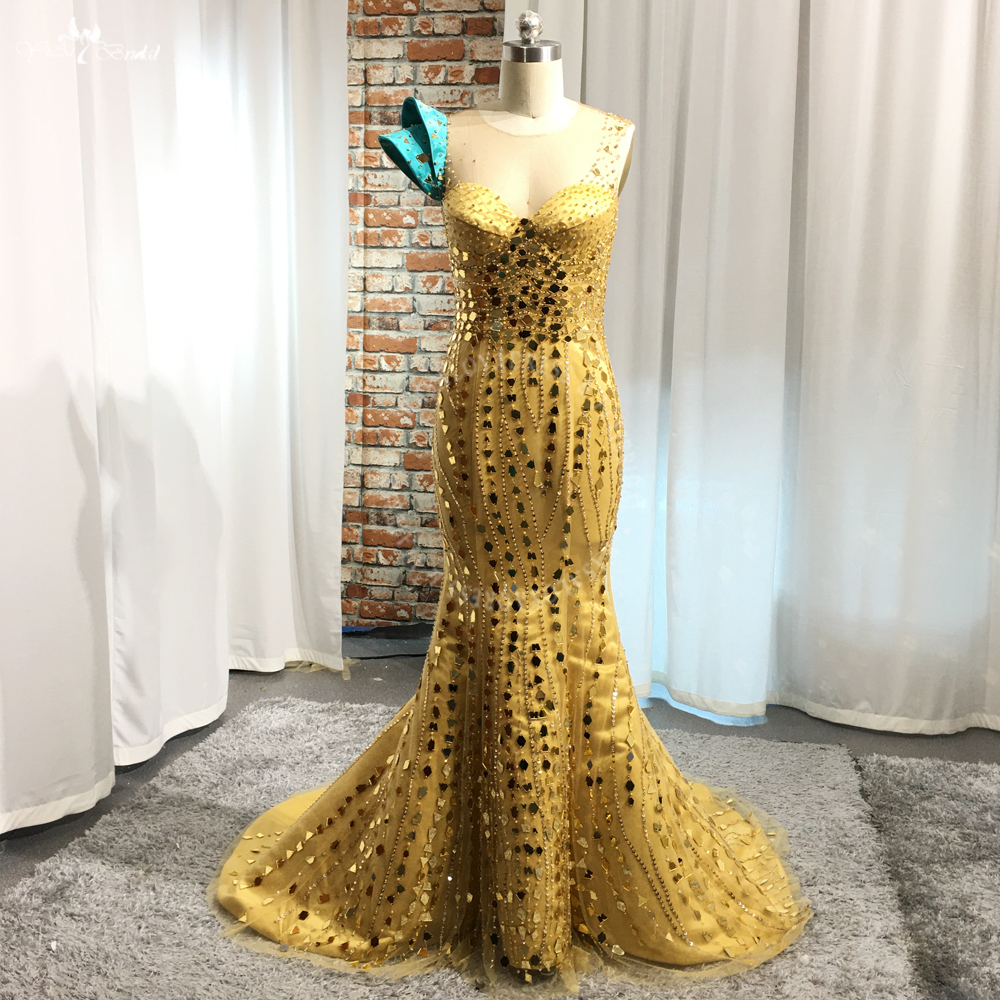 Awesome Pageant Dress One Shoulder Glass Beading Gold Mermaid Evening Prom Dress RSE983 With Green Detachable Train 11