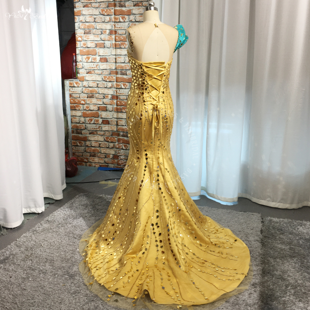 Awesome Pageant Dress One Shoulder Glass Beading Gold Mermaid Evening Prom Dress RSE983 With Green Detachable Train 10