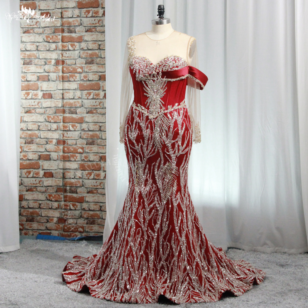 Gorgeous Mermaid Style Luxury Sparkly Red Satin Gold Beading Wedding Reception Dress RSE964 Black Girls Prom Party Formal Dresses 7