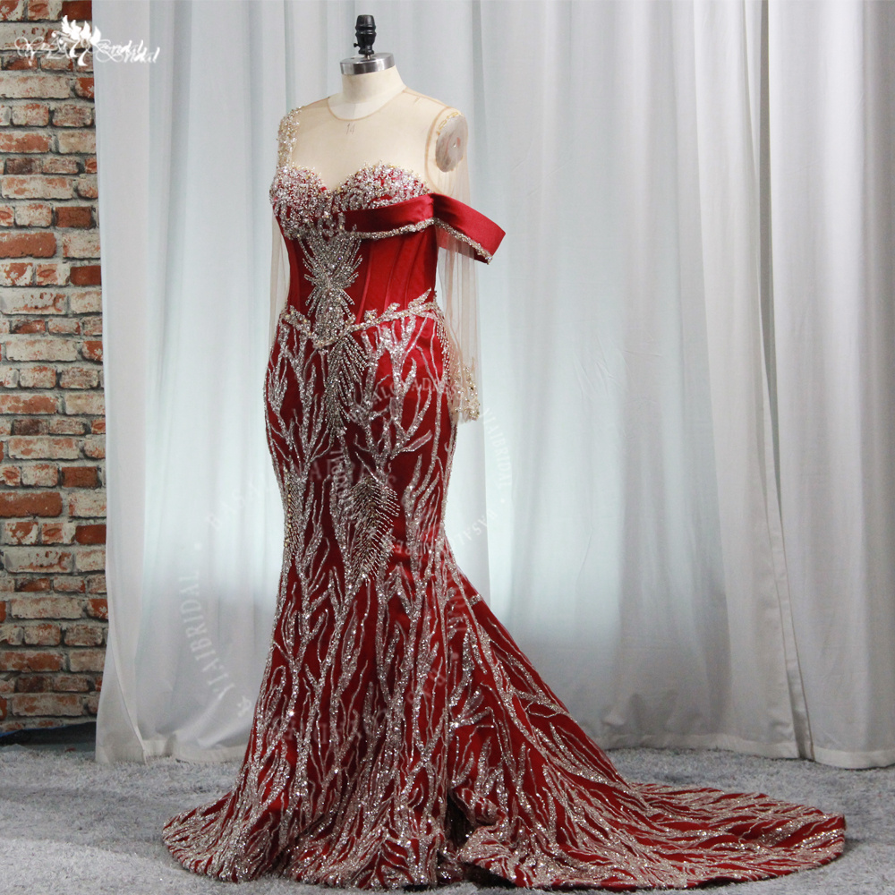 Gorgeous Mermaid Style Luxury Sparkly Red Satin Gold Beading Wedding Reception Dress RSE964 Black Girls Prom Party Formal Dresses 8