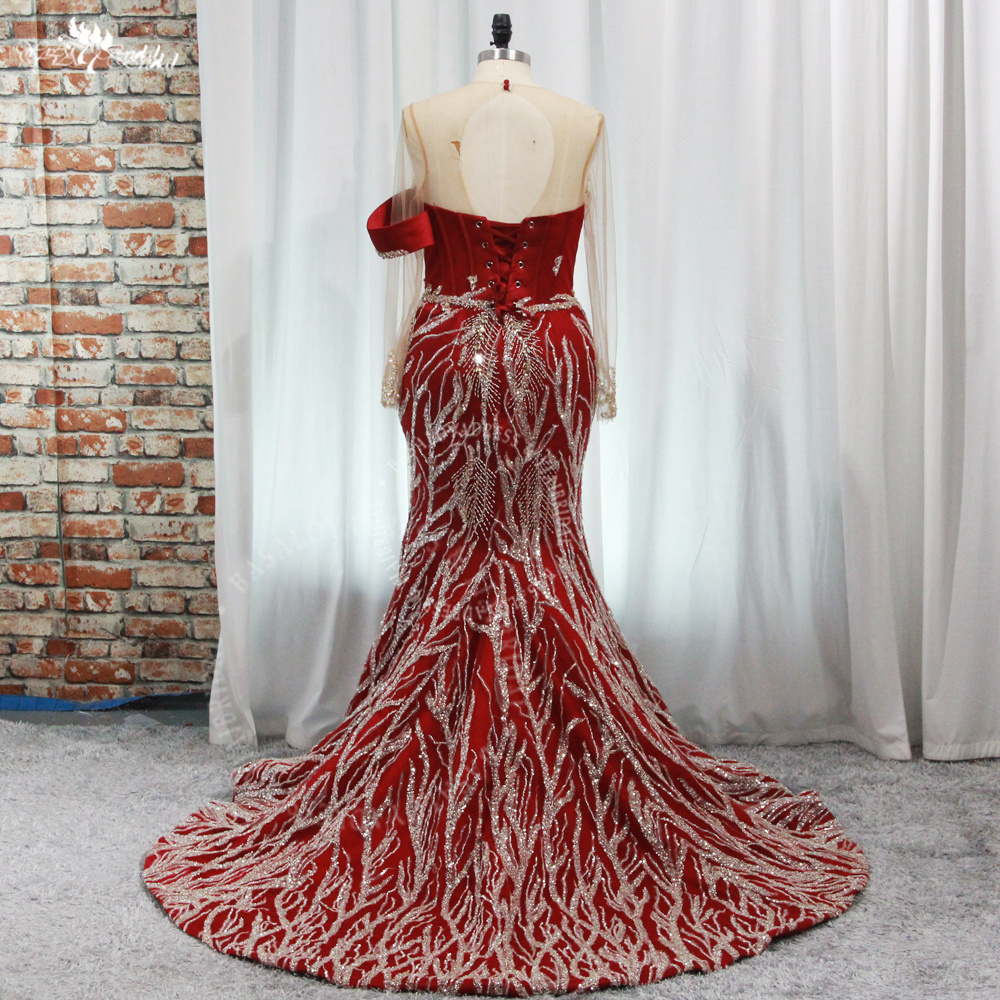 Gorgeous Mermaid Style Luxury Sparkly Red Satin Gold Beading Wedding Reception Dress RSE964 Black Girls Prom Party Formal Dresses 9